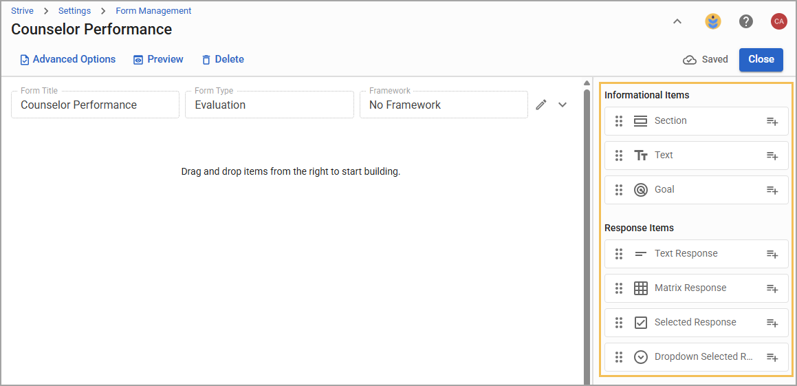 Form management interface for evaluating counselor performance with various item options.